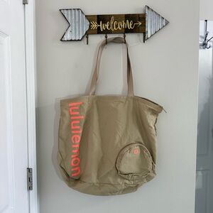 Lululemon Tan Nylon Tote Bag with Pink Logo